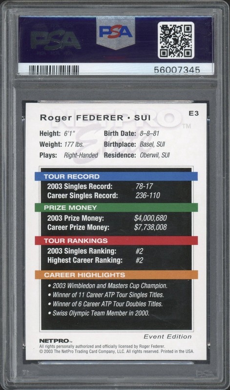 2003 Netpro Elite Roger Federer Rookie RC Event Starter #E3 PSA 9 Mint view 2