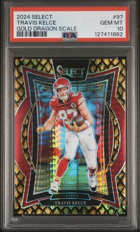 TRAVIS KELCE 2024 Panini Select #97 Concourse Gold Dragon Scale  /10 PSA 10