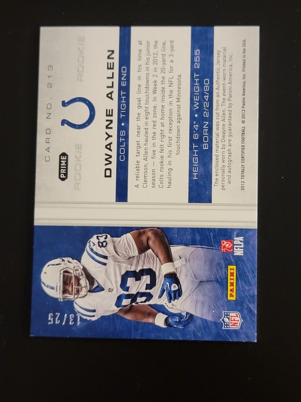 Dwayne Allen 2012 Totally Certified GOLD PATCH 13/25 RC Auto Jersey Rookie Card view 2