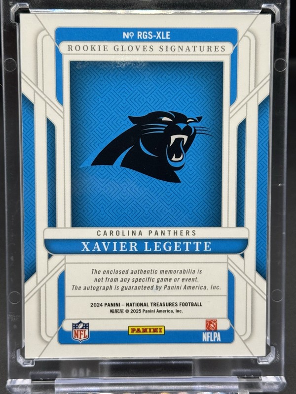 2024 Panini National Treasures Xavier Legette Rookie Glove Patch Hard Auto 1/1 view 2