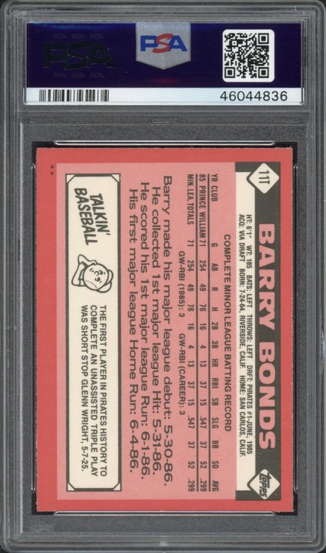 1986 Topps Barry Bonds Rookie RC #111 PSA 9 Mint Pittsburgh Pirates view 2
