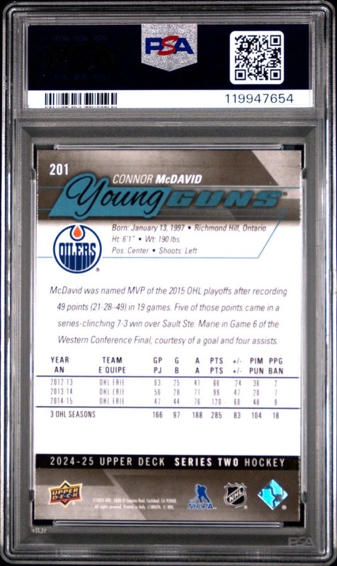 2024-2025 Upper Deck Series 2 Connor McDavid Young Guns Renewed #201 PSA 9 Mint view 2