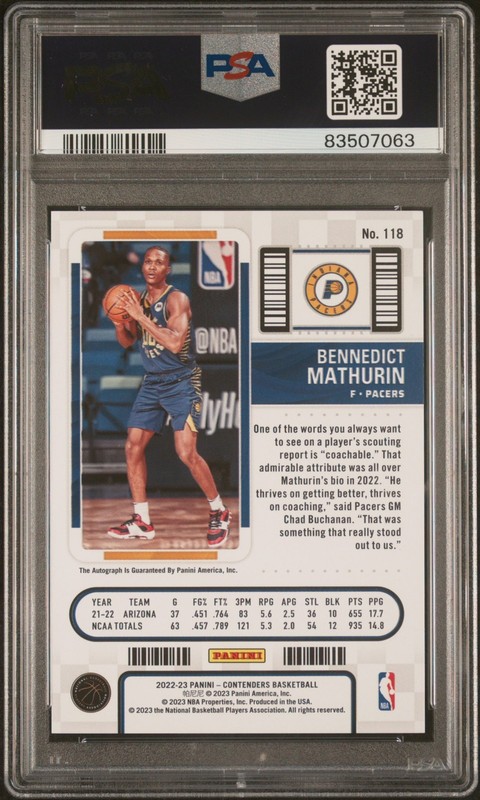 2022 Contenders Bennedict Mathurin FINALS TKT ON CARD AUTO /49 Clippers PSA 10 view 2