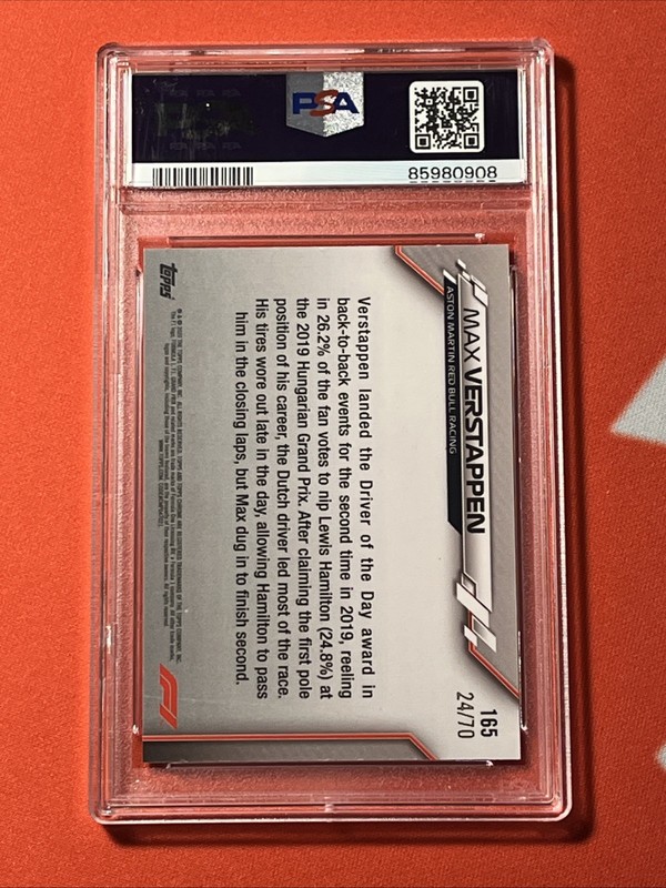 2020 Topps Chrome Sapphire F1 Max Verstappen 70th Anniversary #/70 PSA 8 NM-MINT view 2