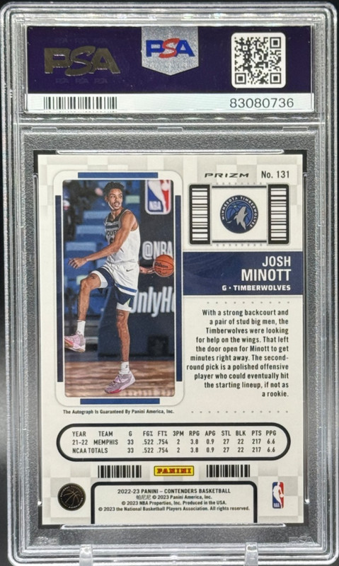2022 Contenders #131 Rookie Ticket Autograph  - JOSH MINOTT -  Auto RC - PSA 9 view 2