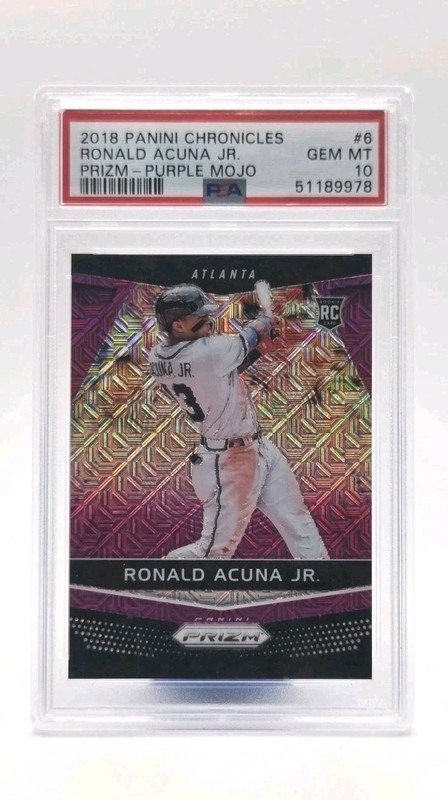 RARE /99 PSA 10 Ronald Acuna Jr 2018 Panini Prizm Chronicles PURPLE MOJO #6 view 1