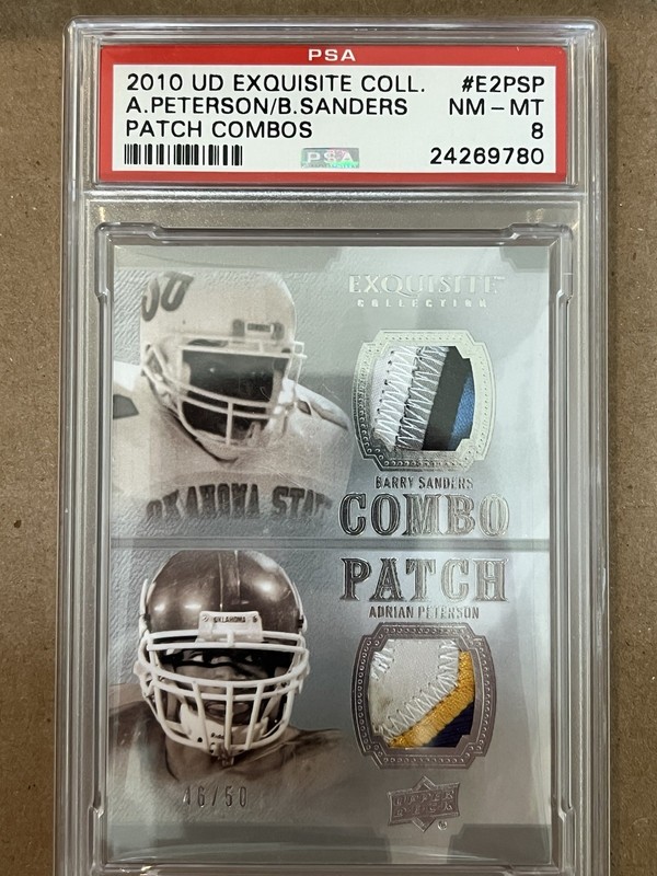 Barry Sanders Adrian Peterson 2010 UD Exquisite  Dual Game Worn Patch /50 PSA 8