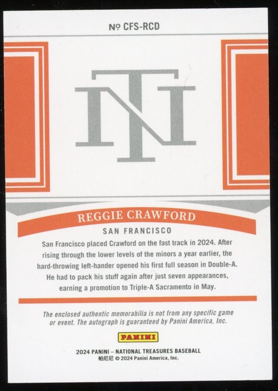 Reggie Crawford 2024 National Treasures Auto Patch #d 1/1 Rookie Giants view 2