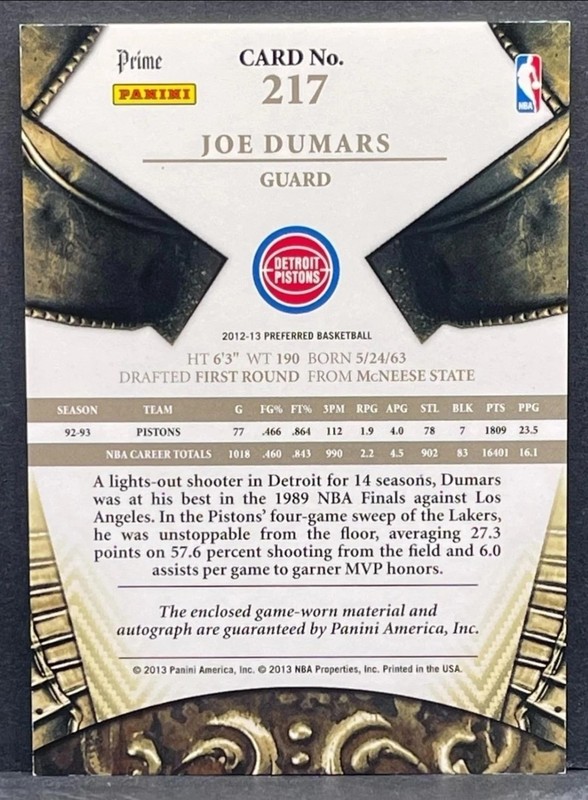 2012-13 Panini Preferred - Joe Dumars Silhouettes PRIME GAME-USED PATCH AUTO /25 view 2