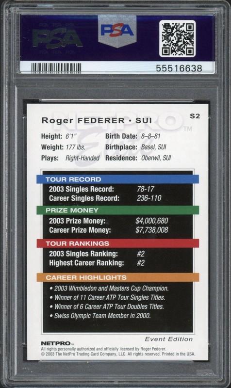 2003 Netpro Elite Roger Federer Rookie RC Event Starter #S2 PSA 10 GEM MT view 2