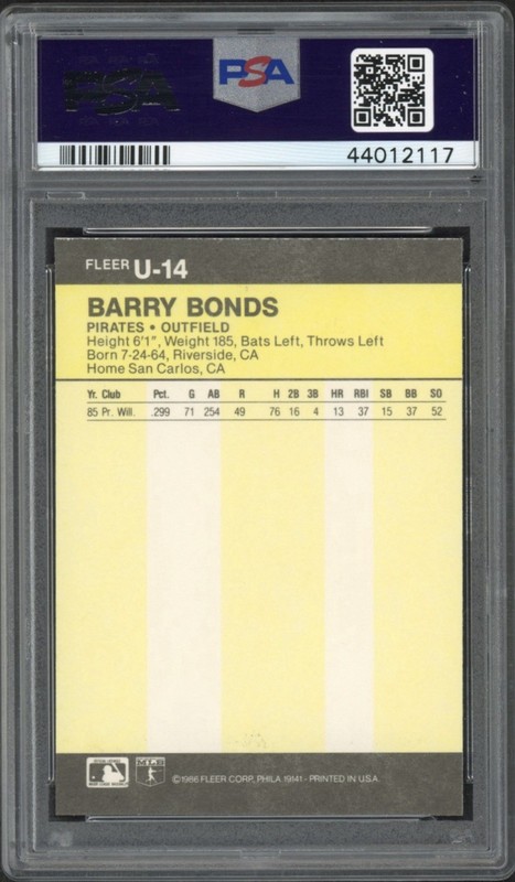 1986 Fleer Update Barry Bonds Rookie RC #U-14 PSA 9 Mint Pittsburgh Pirates view 2