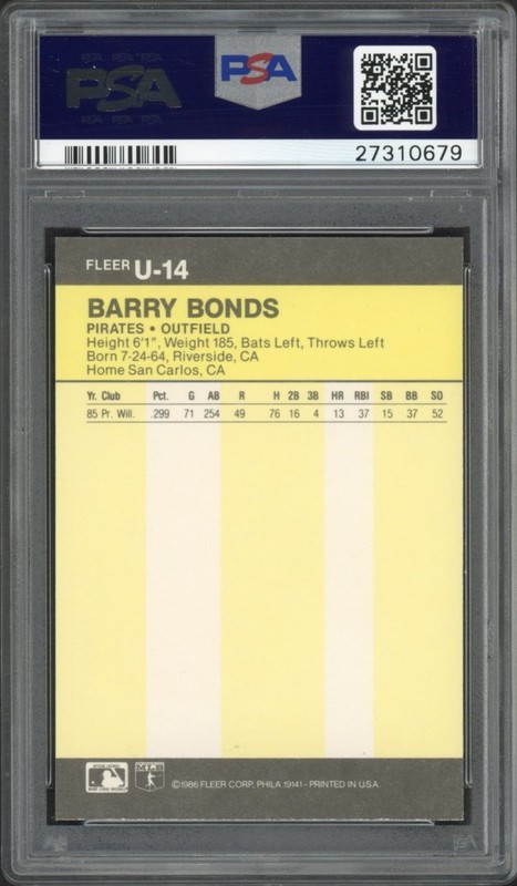 1986 Fleer Update Barry Bonds Rookie RC #U-14 PSA 9 Mint Pittsburgh Pirates view 2