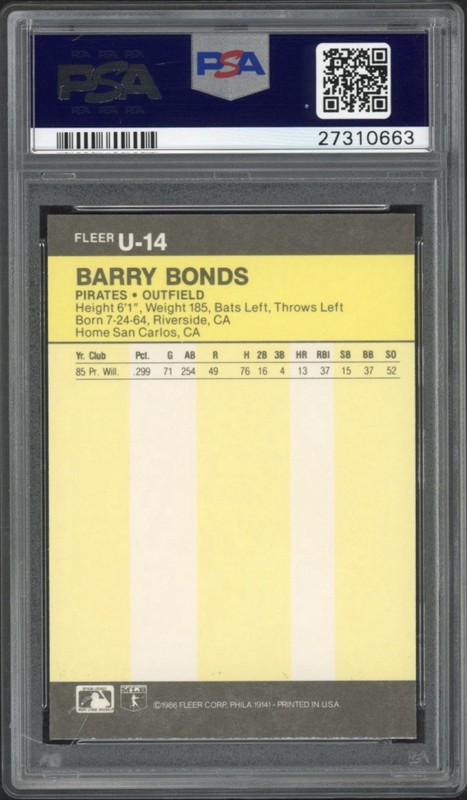 1986 Fleer Update Barry Bonds Rookie RC #U-14 PSA 9 Mint Pittsburgh Pirates view 2