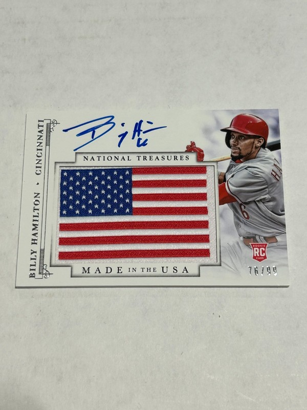 2014 National Treasures Billy Hamilton 76/99 Flag Patch Rookie Auto Reds E1