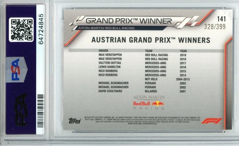 2020 Topps Chrome F1 /399 Purple Refractor Max Verstappen Rookie #141 PSA 9 MINT view 2