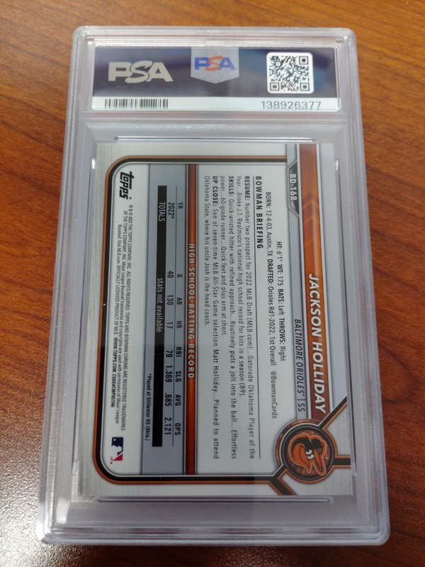 2022 JACKSON HOLLIDAY BOWMAN DRAFT SP #BD168 ORIOLES SHORT PRINT ROOKIE PSA 8 $$ view 2