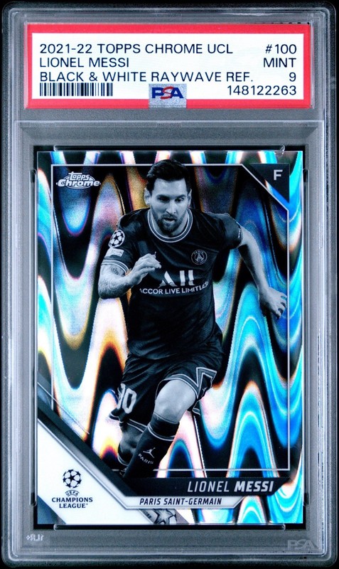 2021-22 Topps Chrome Lionel Messi Black & White Raywave Refractor #100 PSA 9