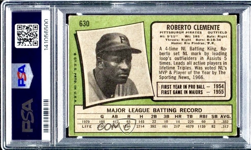 1971 TOPPS #630⚾️ROBERTO CLEMENTE PITTSBURGH PIRATES HOF PSA-3 VG view 2