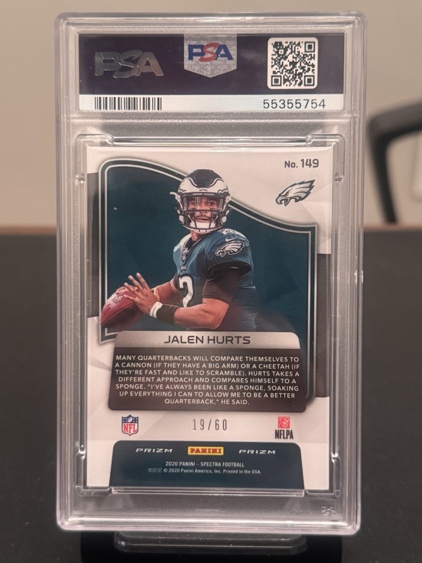 2020 Panini Spectra Jalen Hurts Neon Blue Prizm /60 PSA 10 #149 Eagles RC view 2