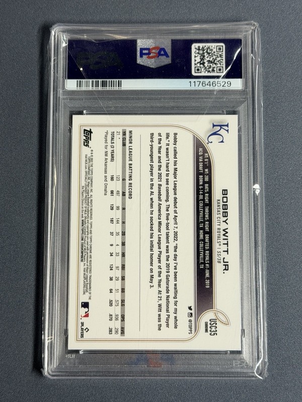 2022 Topps Chrome Update Bobby Witt Jr. #USC35 Purple Refractor (RC) PSA 10 view 2