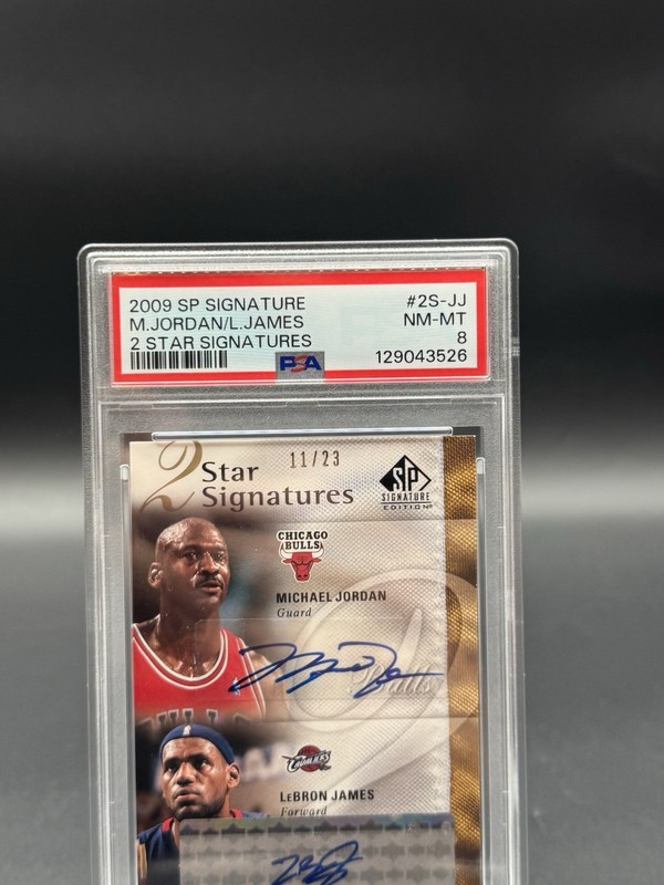 2009 SP Signature Edition 2 Star LeBron James Michael Jordan AUTO #2S-JJ PSA 8 view 2