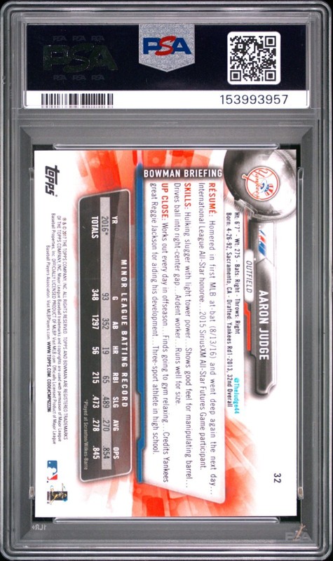 2017 Bowman 32 Aaron Judge PSA 10 Gem Mint RC Rookie Card view 2