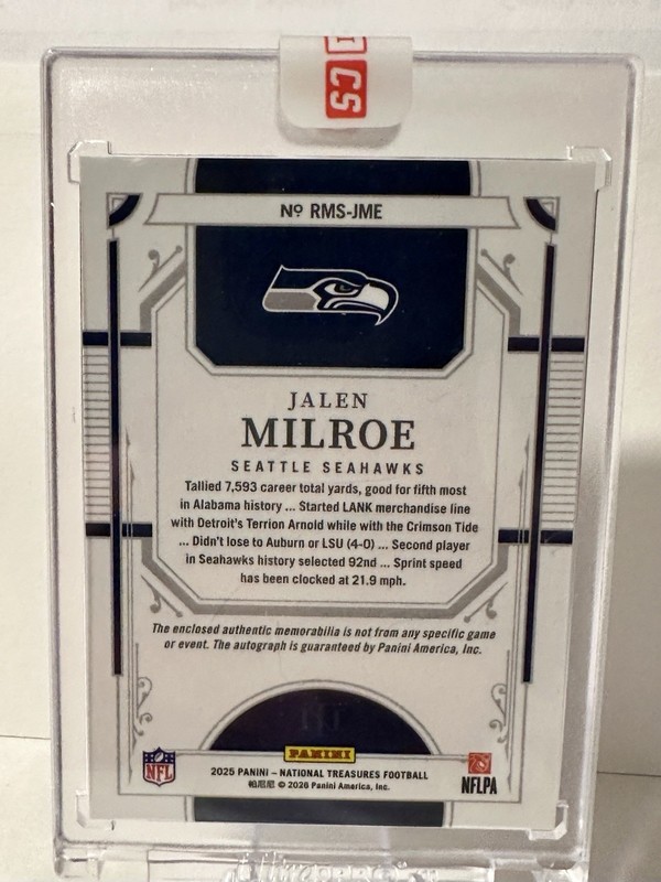 2025 National Treasures - Rookie Triple Materials Jalen Milroe Auto /99 Seahawks view 2