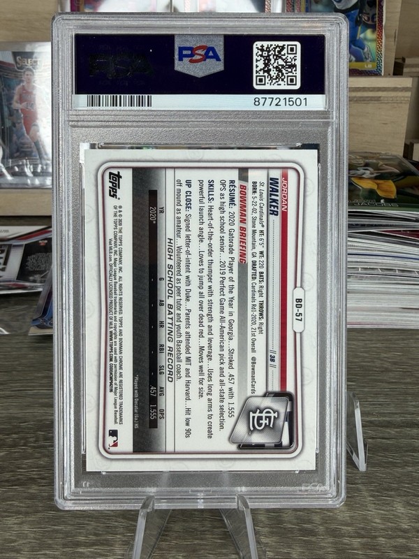 Jordan Walker 2020 Bowman Draft Chrome 1st PSA 10 St. Louis Cardinals #BD57 view 2