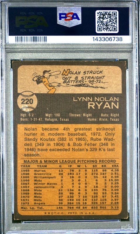 💎1973 Topps⚾️Nolan Ryan Baseball Card #220 California Angels HOF PSA 3! view 2