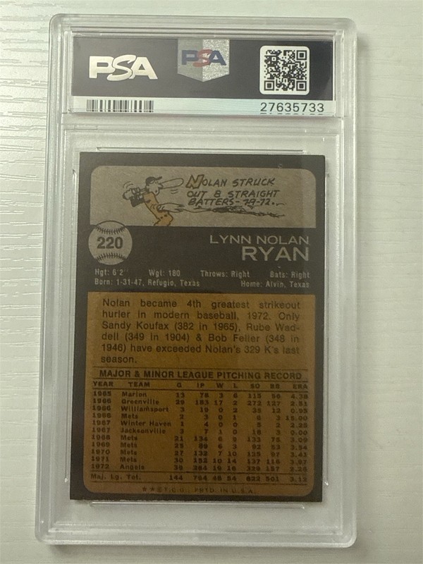 Topps 1973 Nolan Ryan #220 PSA 6 California Angels Baseball Trading Card view 2