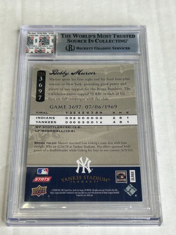2008 UD Yankee Stadium Bobby Murcer Game Used Logoman Patch Jersey Fusion BGS 9 view 2