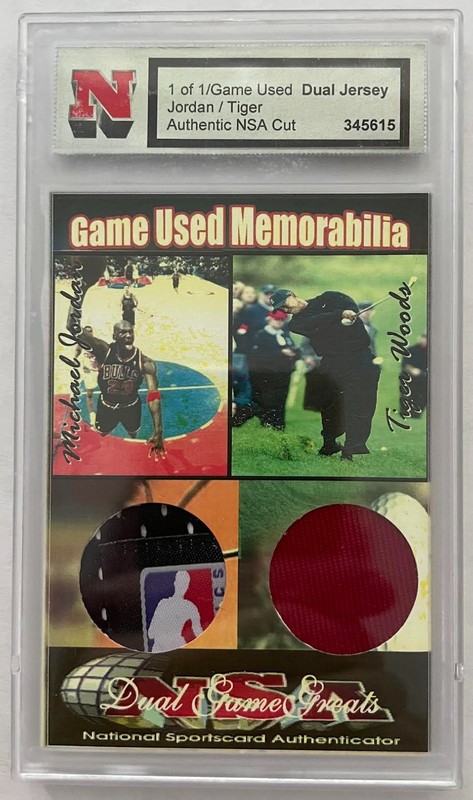 1/1 Michael Jordan Logoman / Tiger Woods Game Used Jersey Shirt Patch 2010 Card