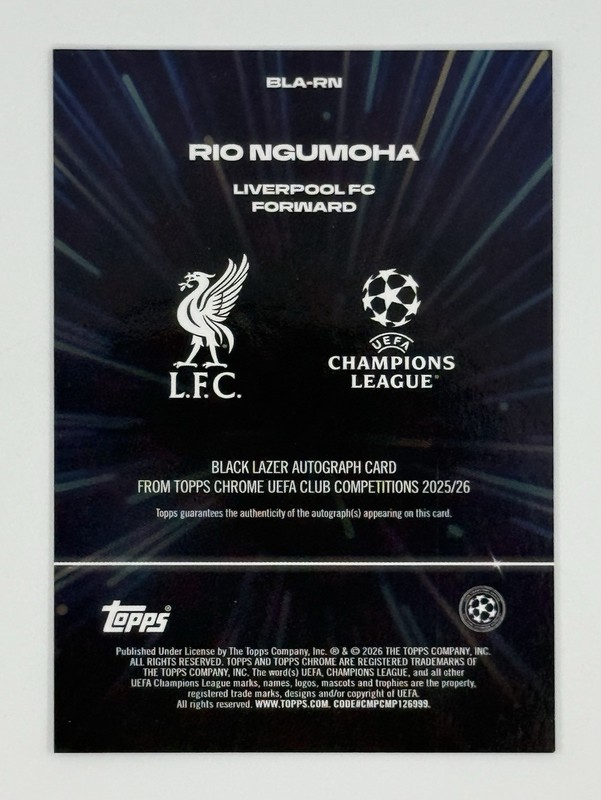 Rio Ngumoha 2025-26 Topps Chrome UEFA UCC Black Lazer RC Auto Rookie Liverpool view 2