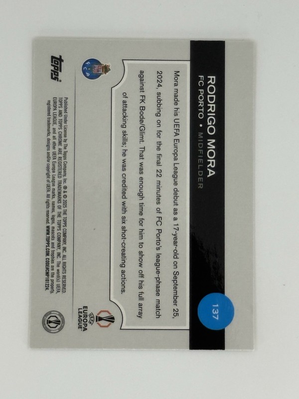 Rodrigo Mora 2024-25 Topps Chrome UEFA Sapphire Yellow Refractor RC #/75 Porto view 2