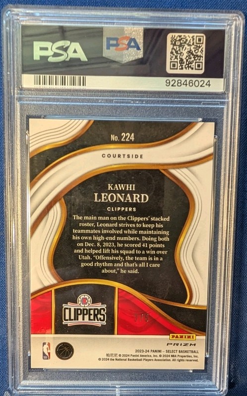2023 Select #224 Kawhi Leonard Neon Purple Pulsar /5 PSA 10 FOTL view 2