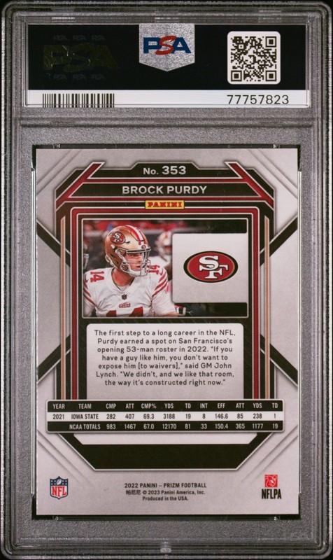 2022 Panini Prizm Rookie #353 Brock Purdy PSA 10 GEM MINT San Francisco 49ers view 2