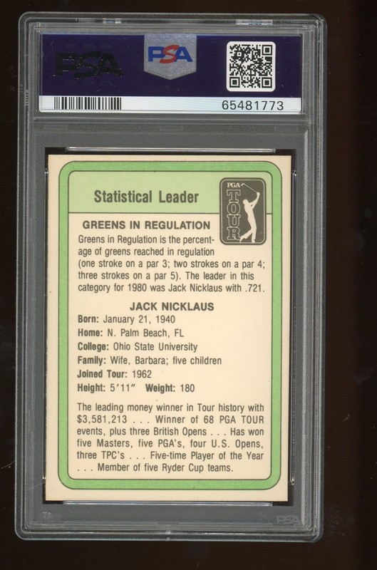 1981 Donruss Golf Stat Leader Jack Nicklaus Rookie Card PSA 8 Masters view 2