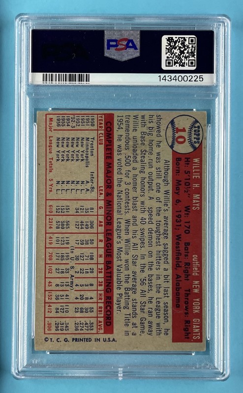 1957 Topps #10 Willie Mays - PSA 3 VG view 2