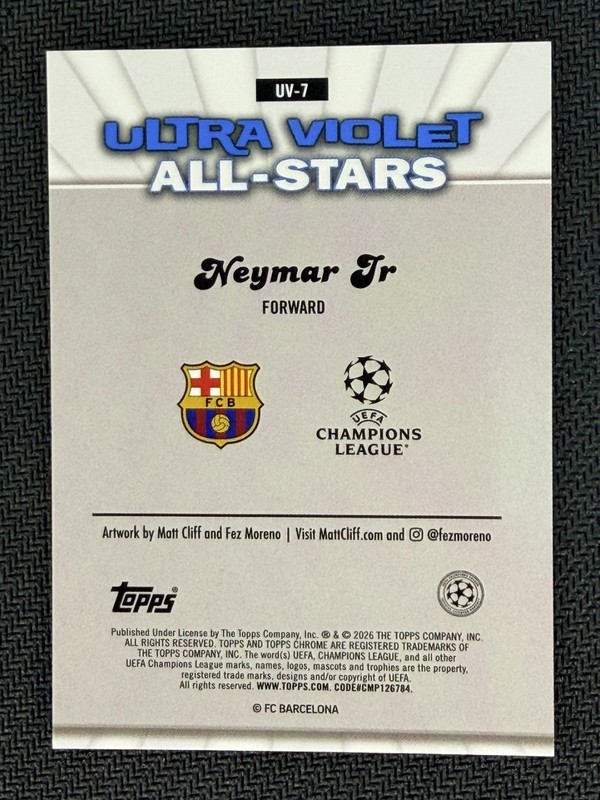 2025-26 UEFA UCC Topps Chrome #UV-7 Neymar Jr ULTRA VIOLET Case Hit SSP view 2