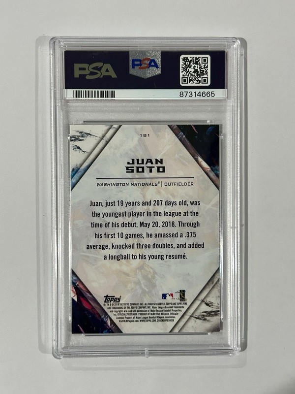 2018 Topps Fire - Juan Soto #181 Flame (RC) PSA 9 Washington Nationals Rookie view 2