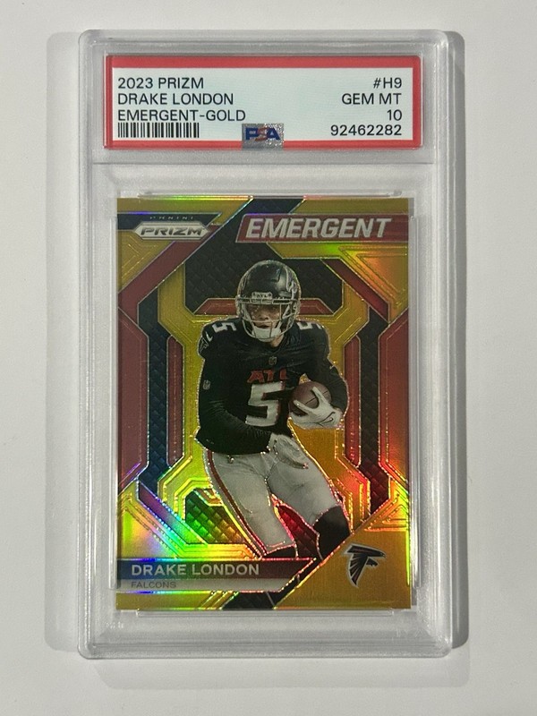 2023 Panini Prizm Drake London Emergent Gold Prizm 7/10 PSA 10 Falcons SSP