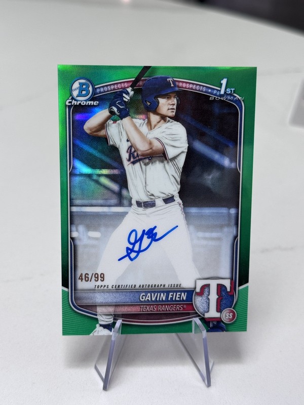 Gavin Fien 2025 Bowman Draft Chrome Auto Green Refractor 1st #/99 Rangers