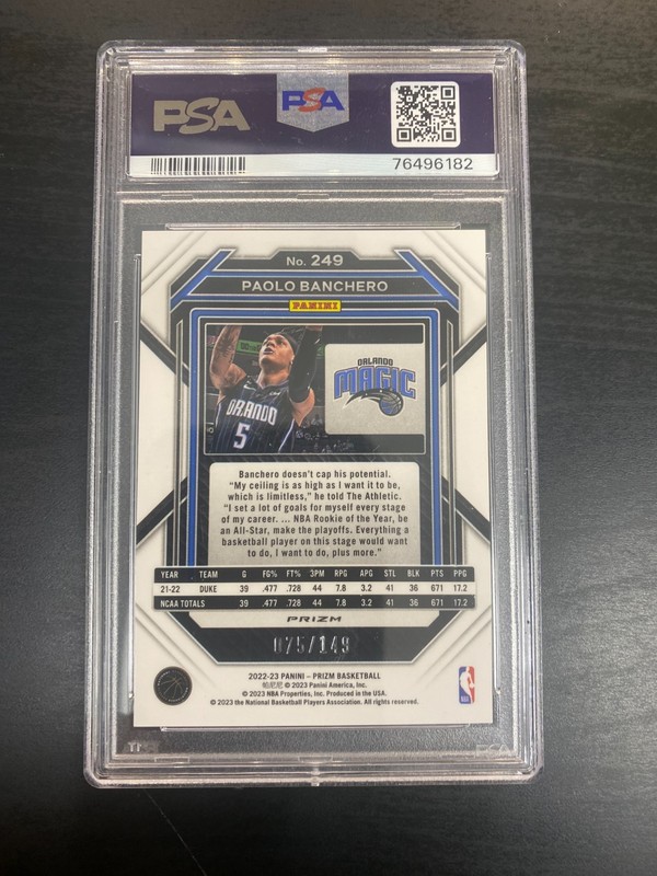 2022-23 Prizm RC Paolo Banchero *75/149* PSA 9 Purple Rookie Ice Orlando Magic view 2