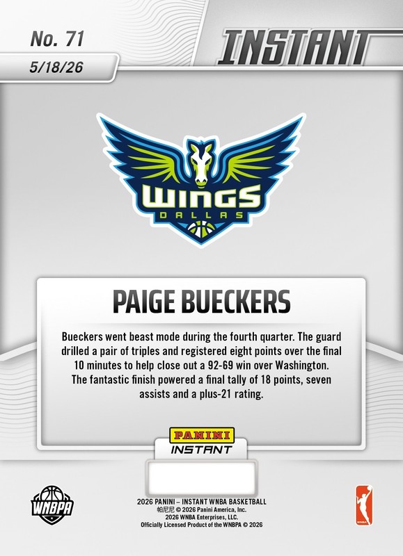 2026 Panini Instant WNBA #71 Paige Bueckers Dallas Wings Citron Mystics PRESALE view 2