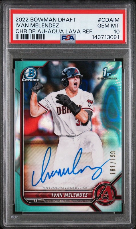 IVAN MELENDEZ 2022 Bowman Chrome Aqua Lava Auto #/199 Arizona Texas Gem PSA 10💎