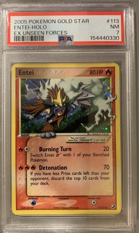 2005 Pokemon Entei Gold Star Holo EX UNSEEN FORCES #113 PSA 7 New Cert