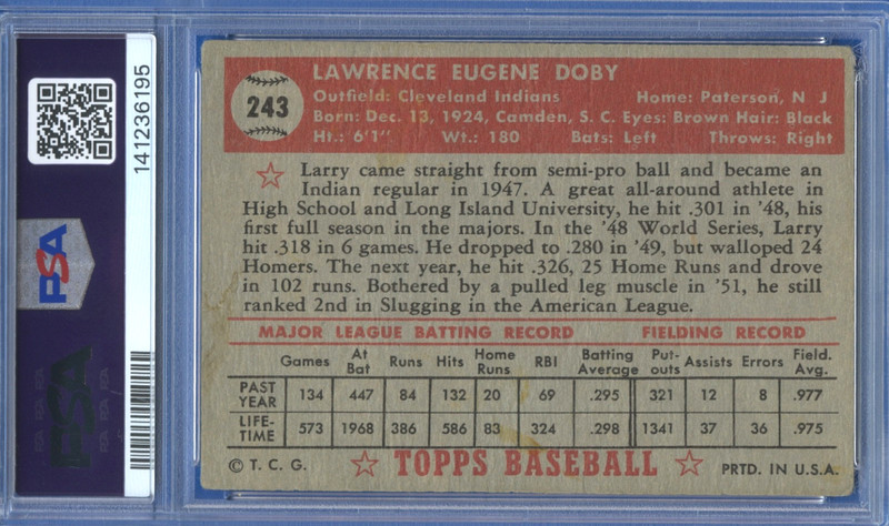 1952 Topps #243 Larry Doby PSA 3  Cleveland HOF RC  Great Centering High-End view 2