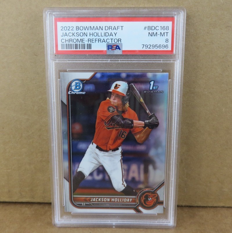 JACKSON HOLLIDAY 2022 Bowman Draft 1st REFRACTOR Chrome #BDC168 PSA 8 NM Orioles view 1