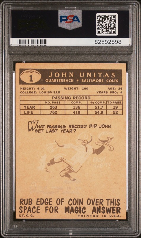 1959 Topps #1 Johnny Unitas John Unitas PSA 1 Graded Football Card NFL Colts view 2