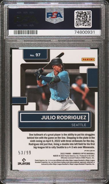 2022 Donruss Optic - Julio Rodriguez #97 Purple Pandora Prizm /99 PSA 9 (RC) view 2